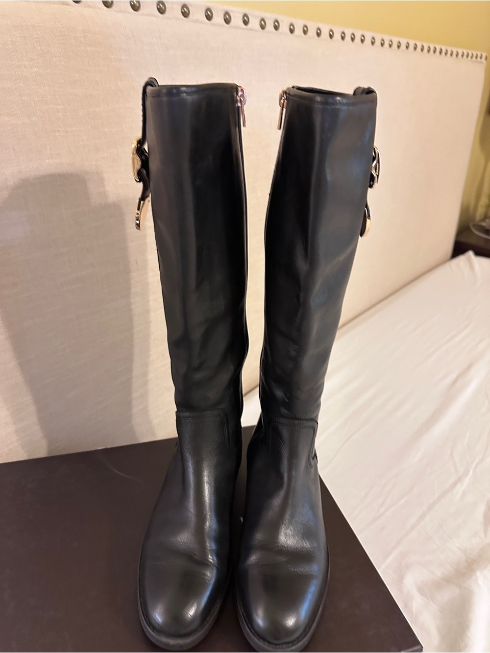 Coach Black Leather Knee-High Riding Boots with Gold Hardware